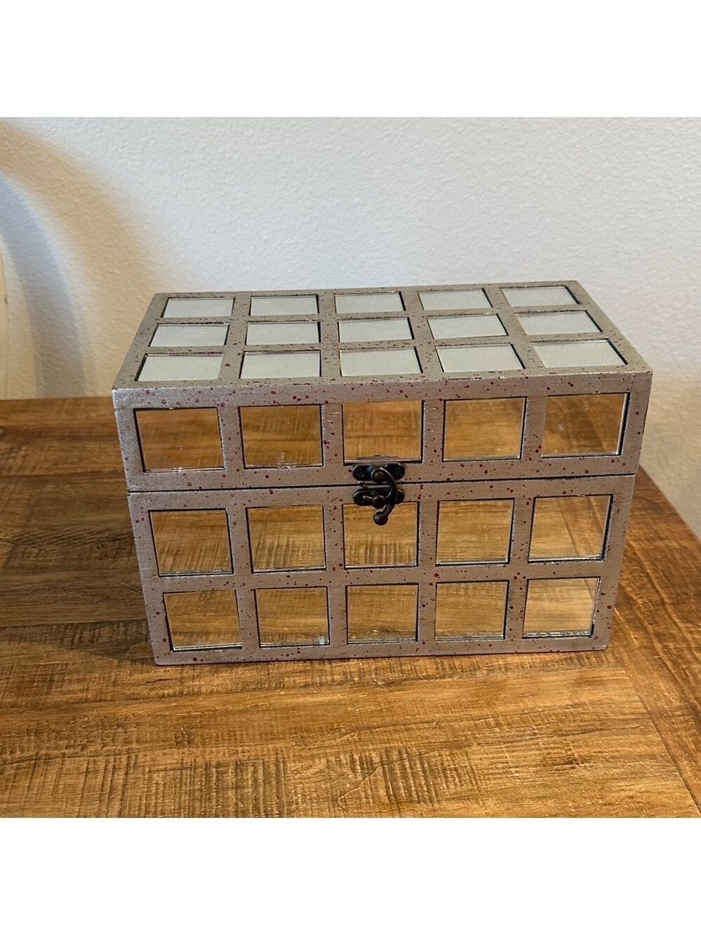 Silver Mirrored Wooden Storage Box, Red Speckles, Black Interior 10.5”x6.5”x7”